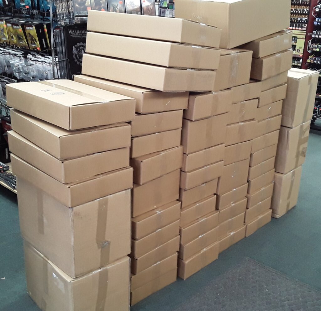 Stacks of Leagues of Votann Army Boxes piled to ship out to eager customers.