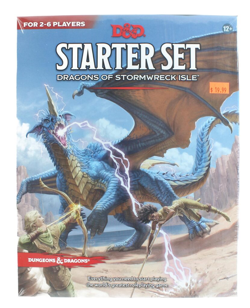 Dragons of Stormwreck Isle box cover with a Blue Dragon attacking the iconic Ranger and Acrobat from the cartoon