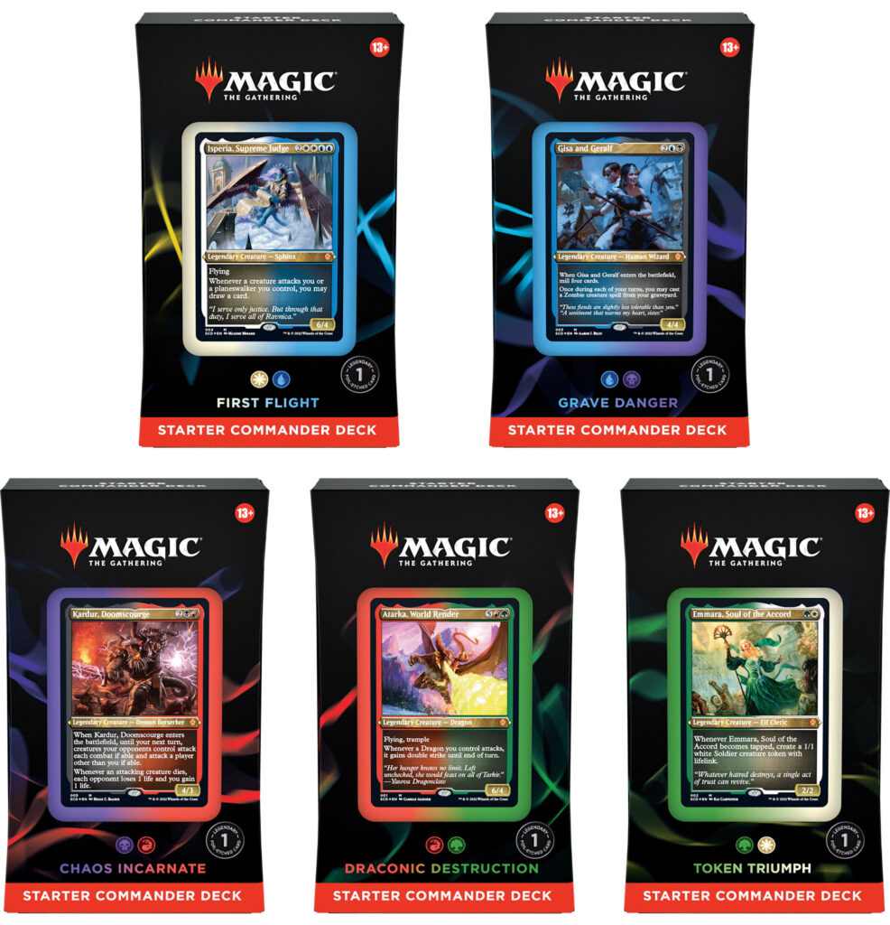 Set of 5 Commander Starter Deck for Magic: the Gathering.  Includes UW - First Flight, UB - Grave Danger, BR - Chaos Incarnate, RG - Draconic Destruction, and GW Token Triumph.