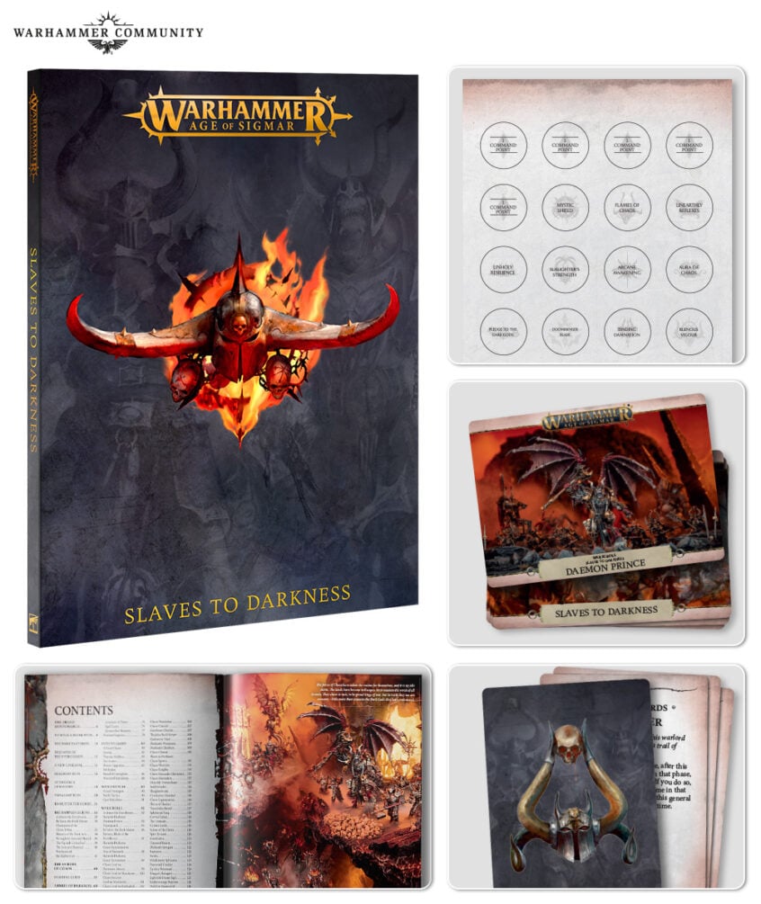 Slaves to Darkness products included limited cover Battletome and Warscroll cards.