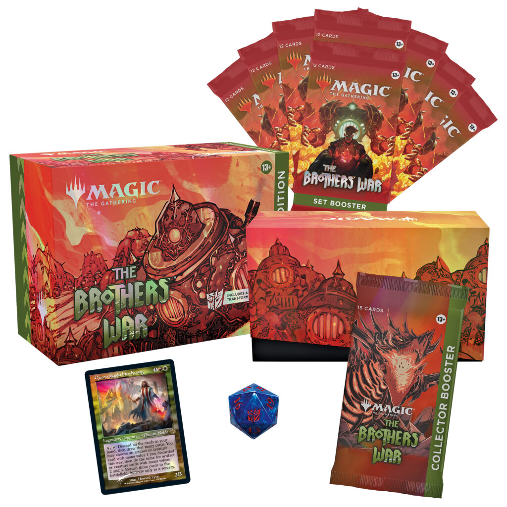 Magic: the Gathering The Brothers' War Bundle Gift Edition with contents displayed.  8 Set boosters, 1 Collector booster, foiled card storage box, limited Spindown life counter, and promo card.