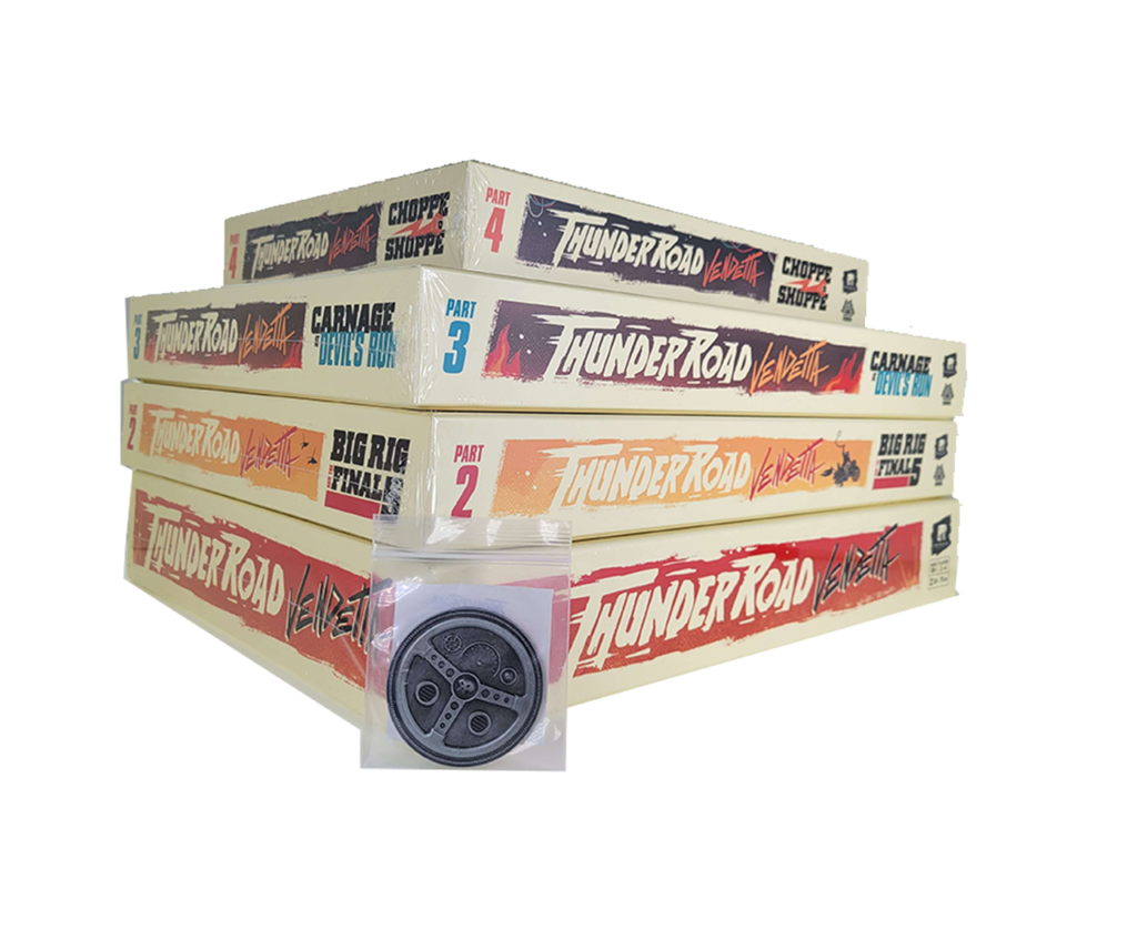 Thunder Road Bundle actual boxes with Big Rig and the Final 5, Carnage at Devil's Run, Choppe Shoppe, and metal coin.